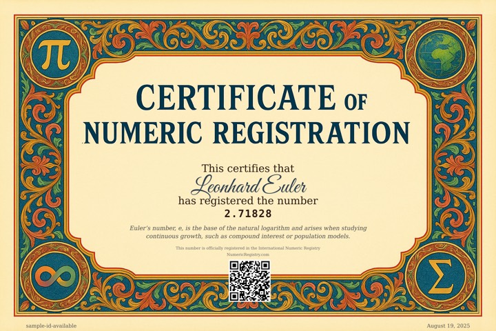 Sample Certificate of Numeric Registration from NumericRegistry.com